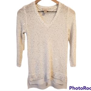 Loft white long sleeves V-neck sweater with  Silver Sequin Swea